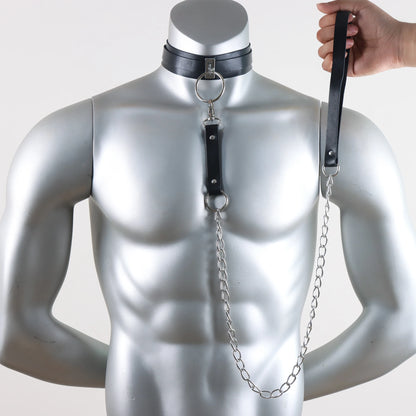 Men's Gothic Leather Collar – Adjustable Punk Chain Neck Accessory with Traction Rope