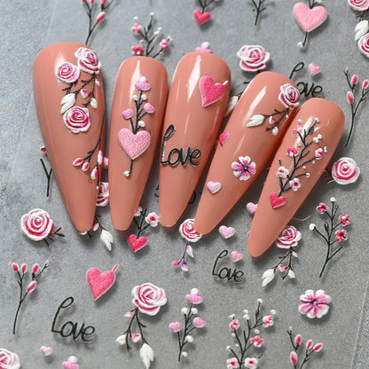 5D Floral Nail Stickers Set - Valentine’s Day Rose & Daisy Embossed Nail Decals for DIY Spring Summer Nail Art Decoration