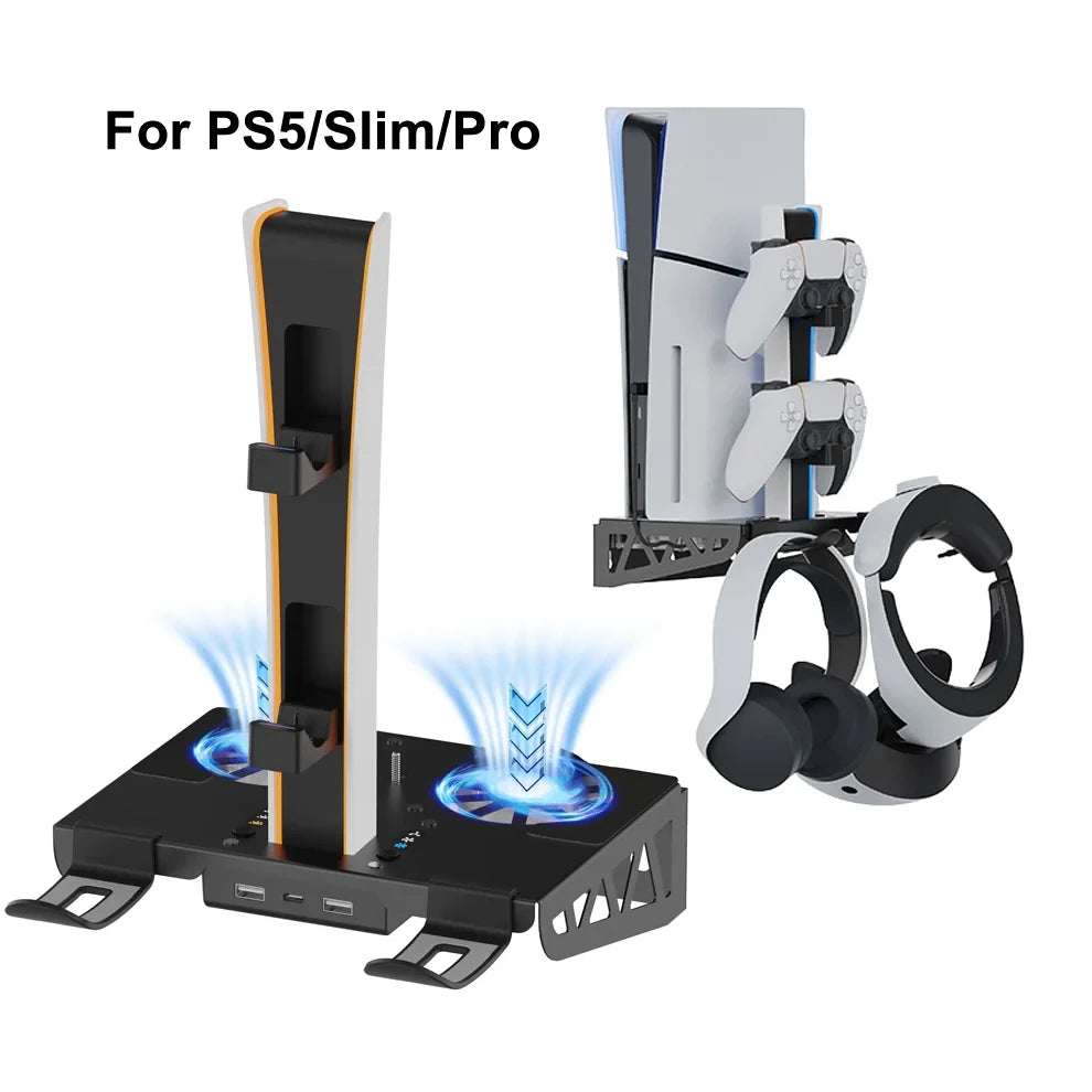 PS5 Wall Mount Metal Kit – For PS5/PS5 Slim/PS5 Pro with Controller Charging Station, Cooling Fan & Headset Holder Storage Rack