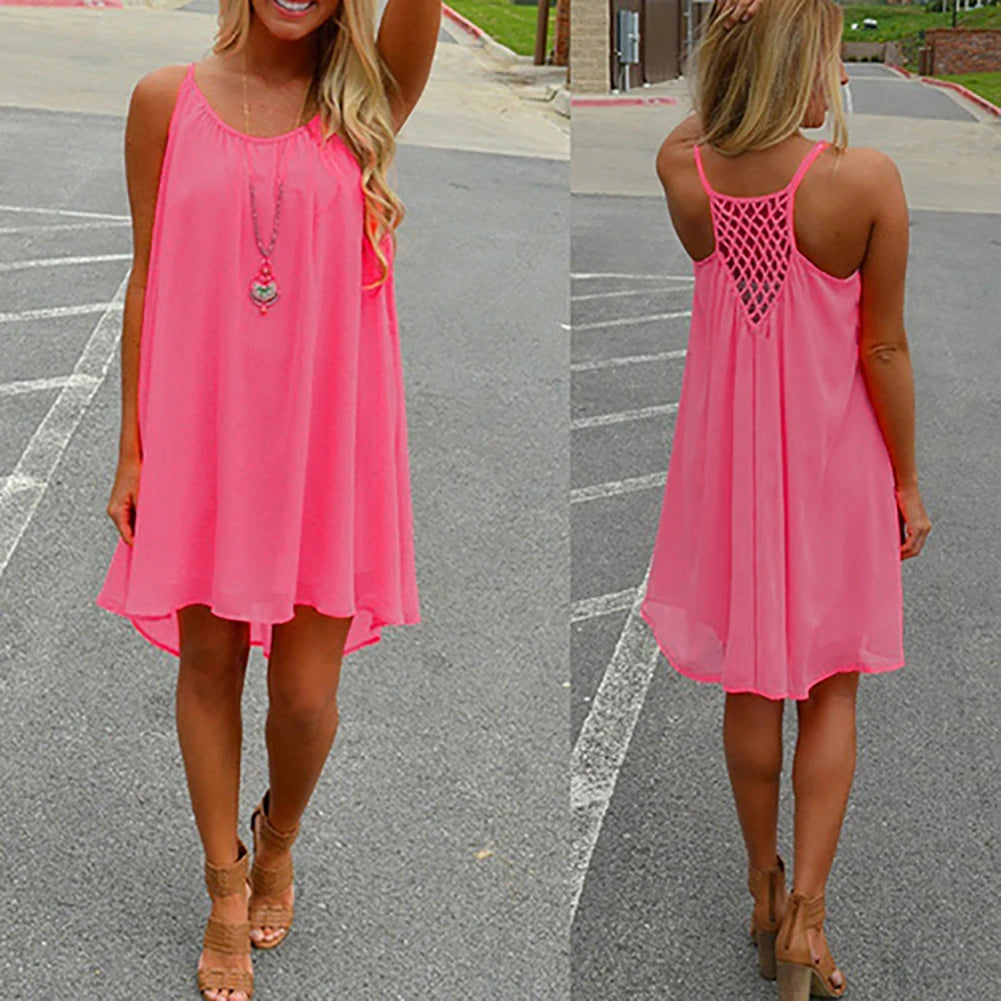 Women’s Summer Backless Beach Dress - Sexy Sleeveless Strap Casual Evening Party Outfit