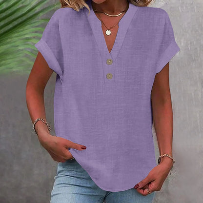 Women’s Cotton Linen Button-Down V-Neck Shirt – Breathable Solid Color Summer Office Casual Top 2025