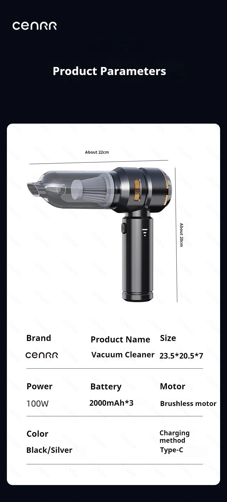 CENRR 998000PA Wireless Car Vacuum Cleaner – Powerful Portable Handheld Auto Cleaning Tool & Car Accessory