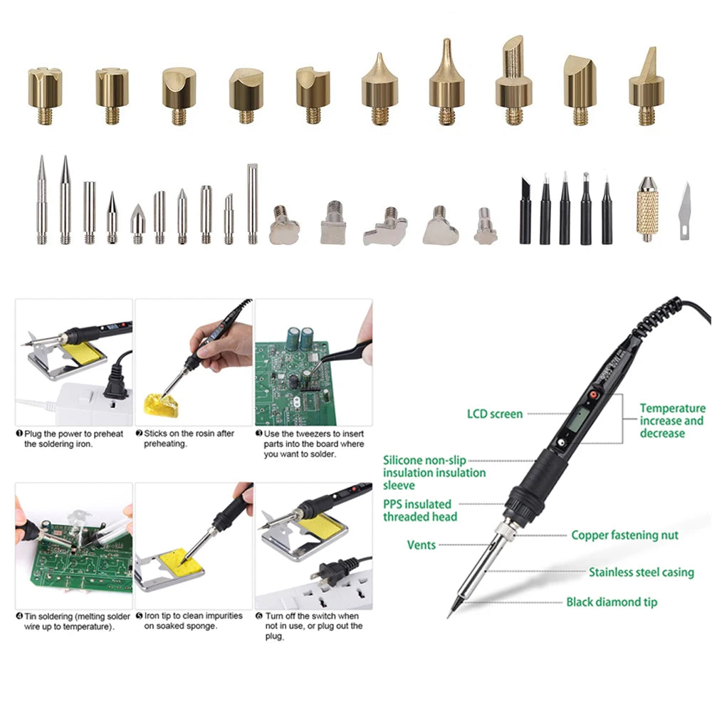 JCD 80W Electric Engraving & Soldering Pen – Wood Burning Pyrography Kit with 28 Craft Tips (908S)