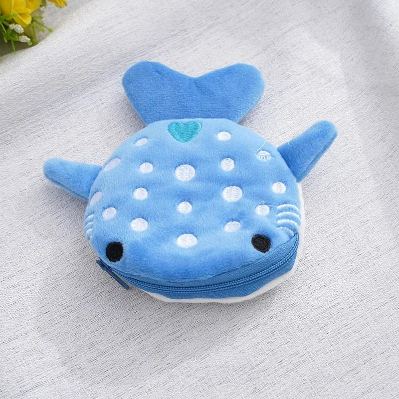 Cute Blue Shark Mini Coin Purse – Plush Zipper Wallet for Women, Key & Earphone Pouch