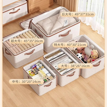 Large Household Storage Box – Heavy-Duty Hard Shell Cotton Linen Organizer with Zipper Lid for Clothes, Toys & Blankets