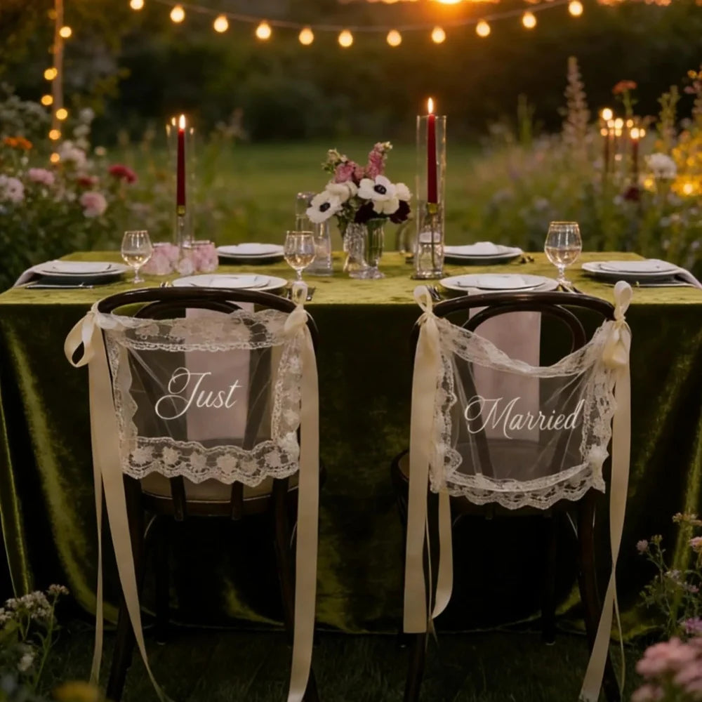 Personalized Just Married Chair Signs - Lace Wedding Chair Banners for Bride & Groom