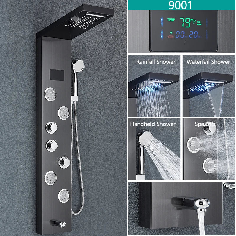 LED Light Bathroom Shower Faucet Set - Rainfall Shower Panel System with Temperature Display, Water Mixer Tap, and SPA Massage Feature