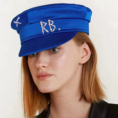 Designer Women’s Winter Newsboy Cap – Diamond Letter Baker Boy Hat with Visor, Stylish Warm Fashion Hat