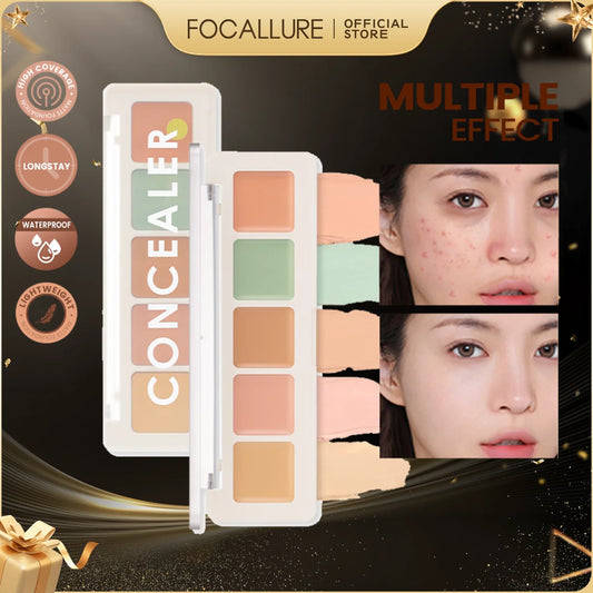 FOCALLURE 5-Color Face Concealer Palette – Waterproof, Moisturizing, Oil-Control Contour & Brightening Makeup Primer