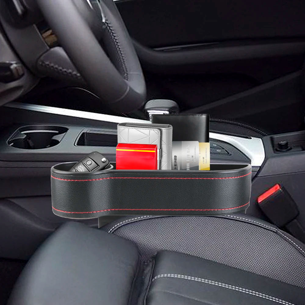 Car Seat Gap Organizer – Leather Auto Crevice Storage Box with Cup & Phone Holder, USB Option