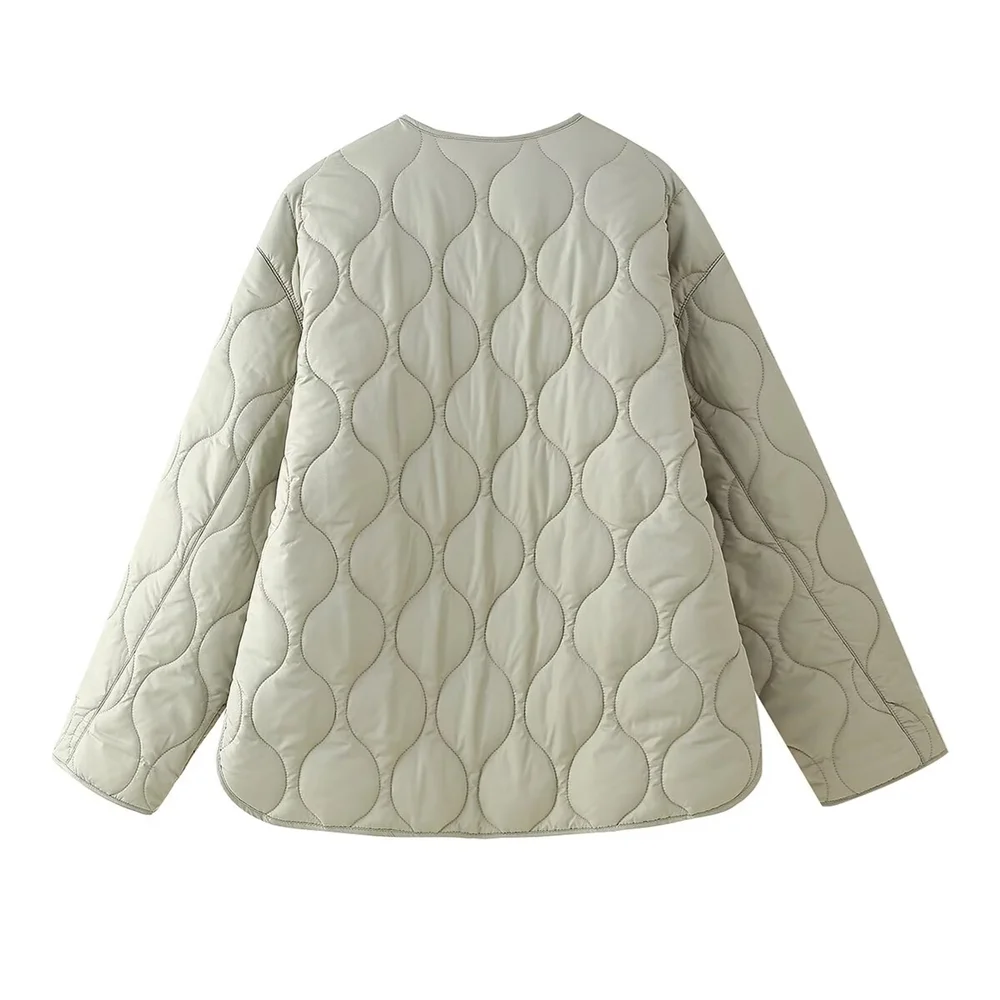 PB&ZA2024 Women's Autumn Cotton Jacket – Quilted Coat with Round Neck, Loose Fit & Pocket Decoration