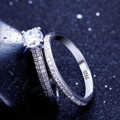 Vintage Halo Sterling Silver Ring Set - 925 Silver Wedding Anniversary Jewelry Gift for Women