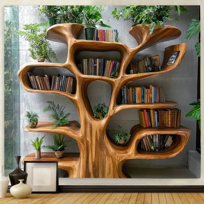 Tree Shaped Bookshelf Tapestry - Lush Plant Wall Decor for Bedroom & Living Room