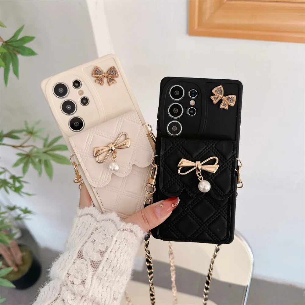 3D Bowknot Crossbody Wallet Phone Case — Card Holder Soft Cover for Samsung Galaxy S25 Ultra / S24 / S23 / S22+ / S21 / S20 FE / Note20