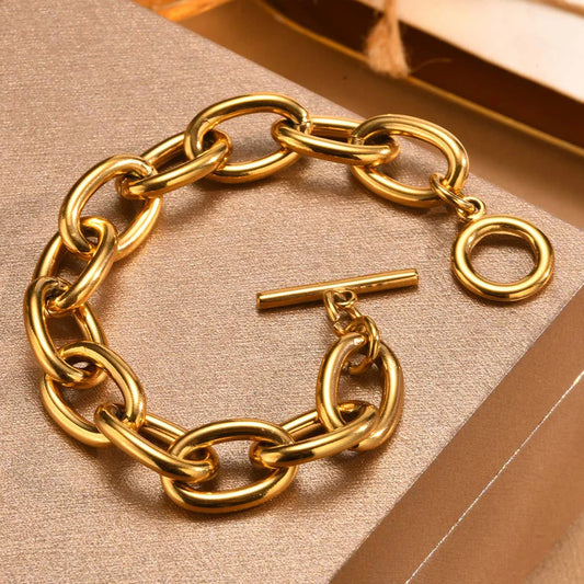 Women’s Chunky Gold Toggle Chain Bracelet – Stainless Steel OT Buckle Link Bracelet, Tarnish-Free Bold Fashion Jewelry
