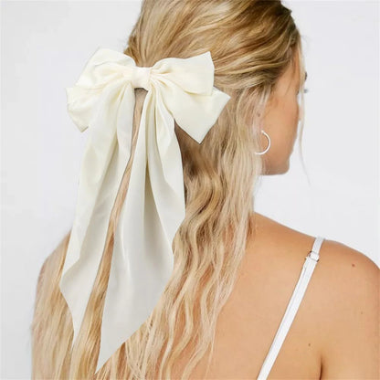8 Ladies Satin Ribbon Bow Hair Clips – Oversized White, Pink, Red, Blue, Black Long Tail, Spring Clip for Ponytail Hair Accessories