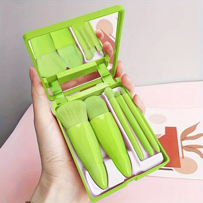 5Pcs Portable Makeup Brush Set - Foldable Travel Kit with Mirror Mini Cosmetic Brushes for Beauty On The Go