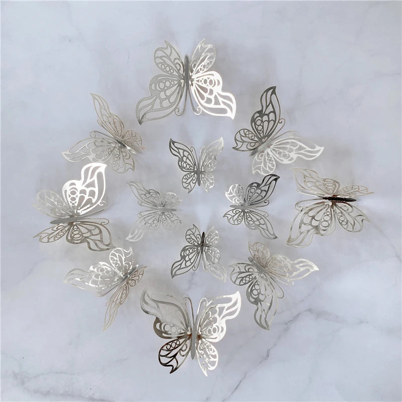 12PCS 3D Hollow Butterfly Wall Stickers – Gold, Silver & Rose Decorative Decals for Wedding, Living Room & Home Decor