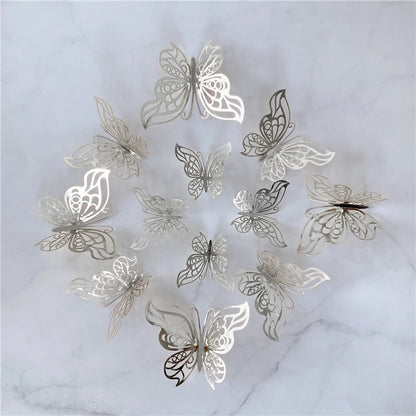 12PCS 3D Hollow Butterfly Wall Stickers – Gold, Silver & Rose Decorative Decals for Wedding, Living Room & Home Decor