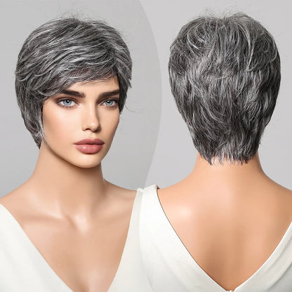 Short Pixie Cut Grey Human Hair Wig – 8 Inch Layered Fashion Wig for Women, Daily Use, Machine Made