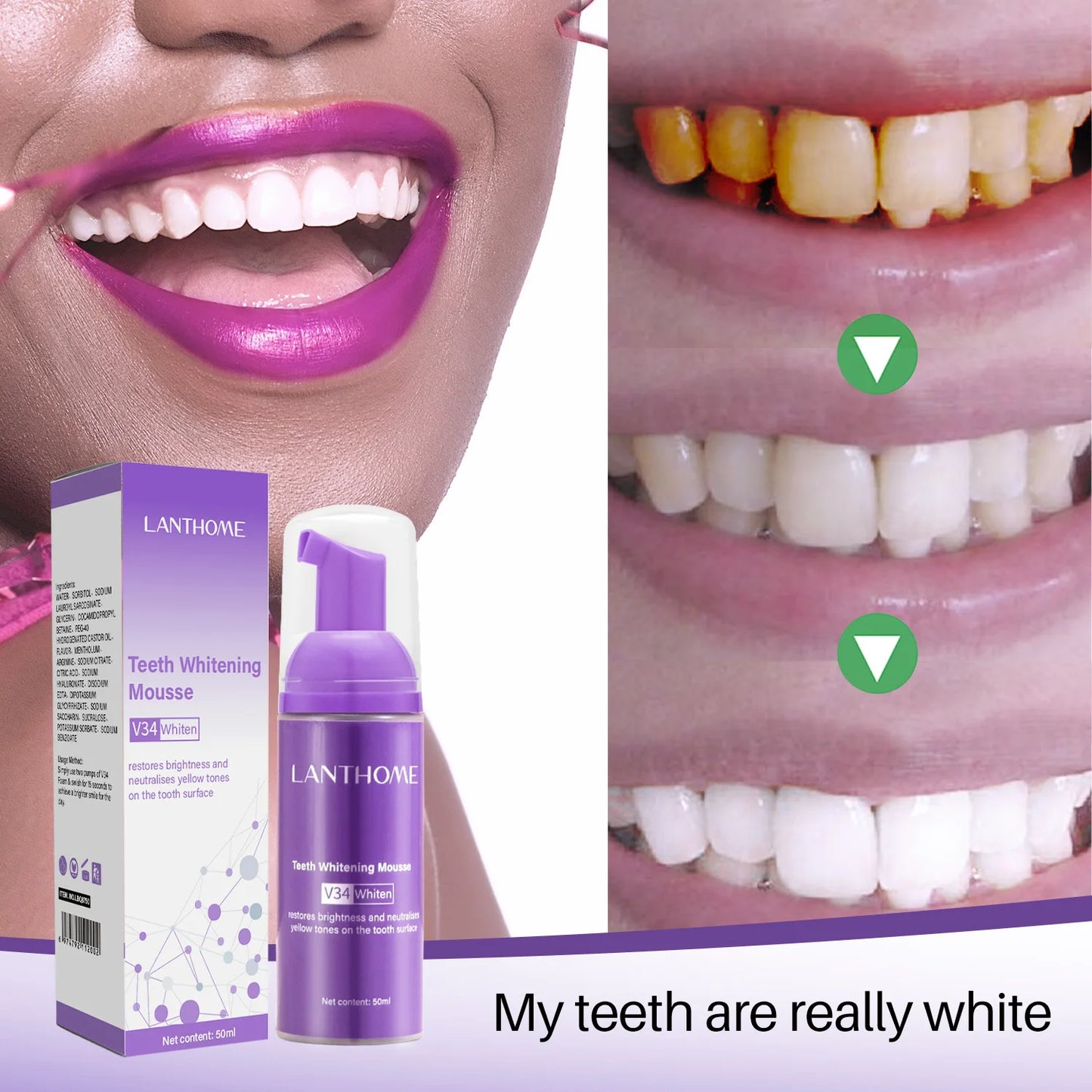 50ML V34 Purple Whitening Toothpaste – Brighten Teeth, Remove Stains & Foam Cleaning for Oral Care