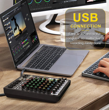 TKLBLS Professional 6 Channel Audio Mixer – 99 DSP Effects, 48V Phantom Power, USB, Bluetooth DJ Console for Studio & Karaoke