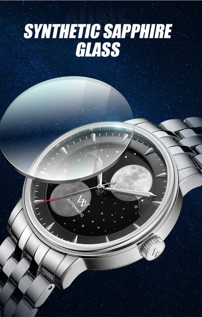 WM Welly Merck Automatic Mechanical Men's Watch — Lunar Moon Phase, Sapphire, Waterproof, Luminous Twin Moons WM142