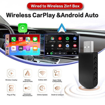 2-in-1 AI Box Mini Adapter – Wired to Wireless CarPlay & Android Auto, Plug and Play WiFi Smart Dongle, Compatible with 99% of Cars