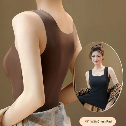 Women’s Plus Size Thermal Vest with Built-In Bra - Seamless Square Neck Skin-Friendly Shaping Tank Top