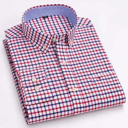 Men’s Cotton Oxford Shirt - Smart Casual Long Sleeve Plaid Print Dress Shirt, Regular Fit up to 6XL