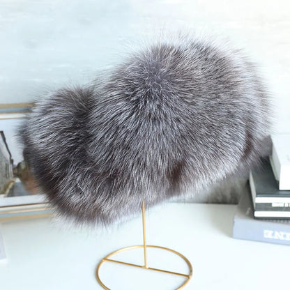 Natural Raccoon & Fox Fur Russian Ushanka Hat – Women’s Black Winter Bomber Cap with Ear Flaps