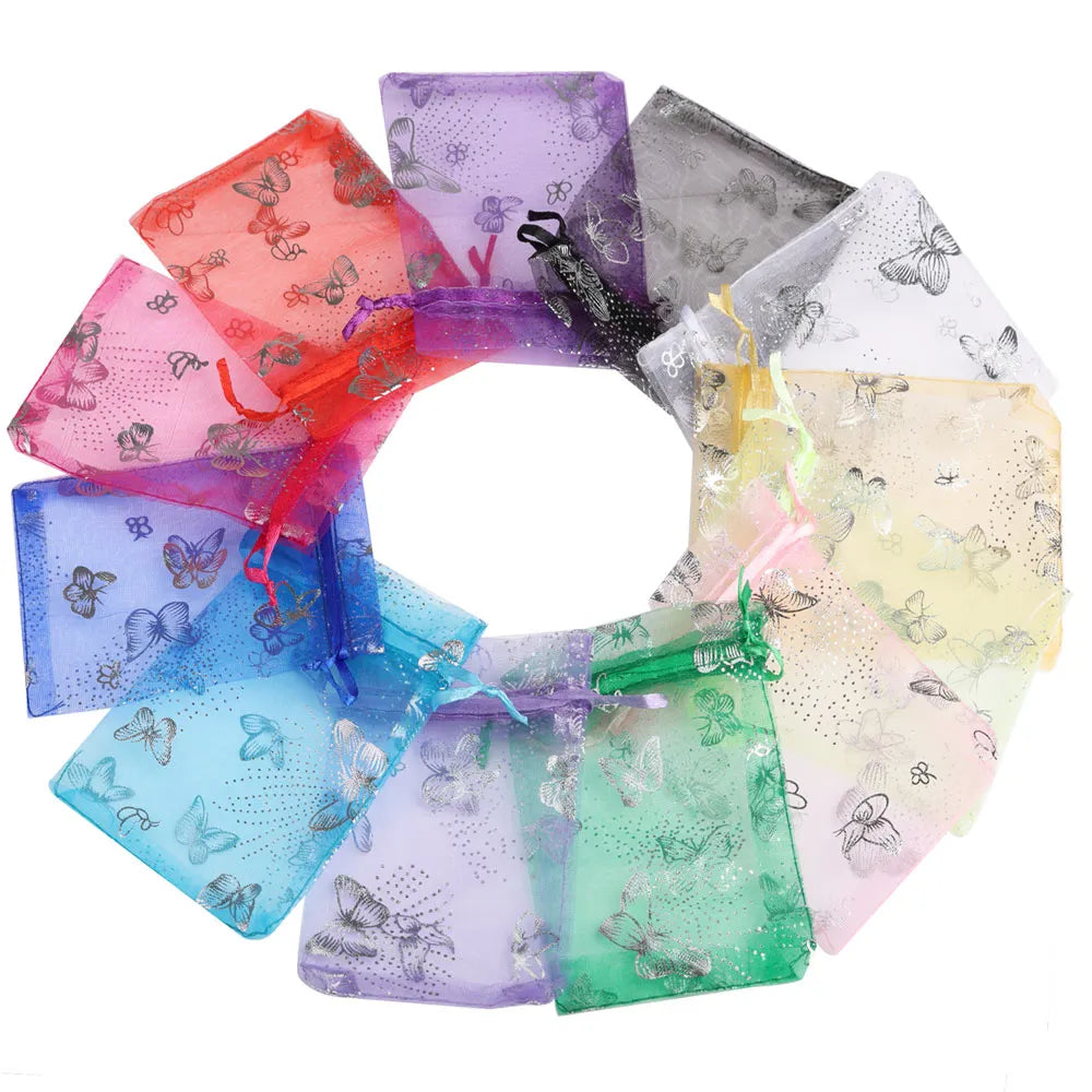 25/50pcs Butterfly Organza Gift Bags - 12 Colors, 7x9cm, 9x12cm, 13x18cm, Jewelry and Candy Packaging Drawstring Pouches