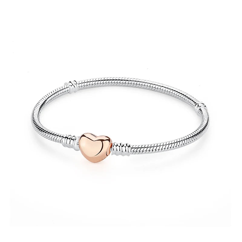 925 Sterling Silver Love Heart Charm Bracelet – Rose Gold Snake Chain Bangle for Women | DIY Luxury Bead Jewelry Accessories
