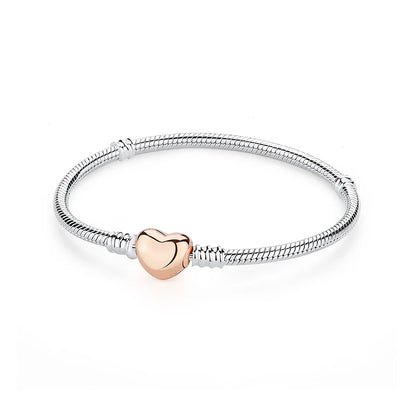 925 Sterling Silver Love Heart Charm Bracelet – Rose Gold Snake Chain Bangle for Women | DIY Luxury Bead Jewelry Accessories