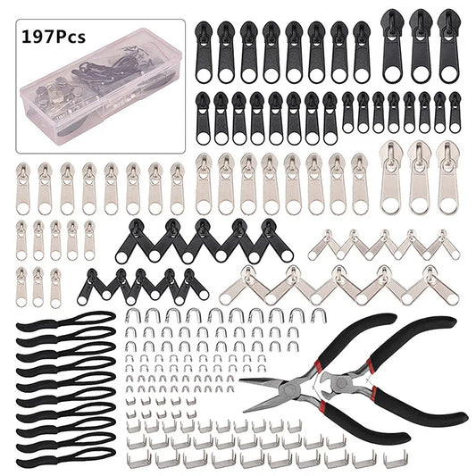 Zipper Repair Kit - 197/84/8pcs Zipper Replacement Puller for Clothing, Tents - Install Pliers Tool for Extension, Luggage Repair
