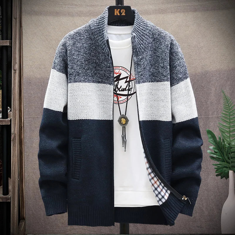 Men's Autumn Winter Fleece Cardigan Sweater - Zipper Velvet Contrast Stripe Casual Warm Jacket Coat