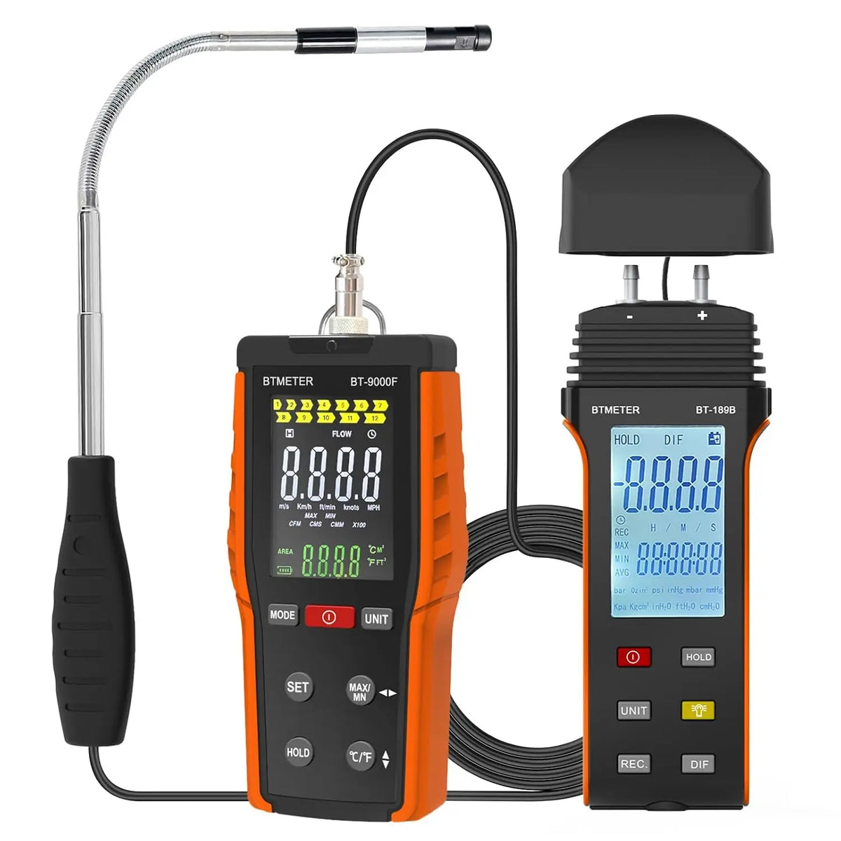 BTMETER Hot Wire Anemometer & Manometer Kit - HVAC Airflow and Gas Pressure Tester with 360° Swivel Probe, LCD Backlight & 12 Units