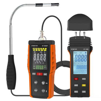 BTMETER Hot Wire Anemometer & Manometer Kit - HVAC Airflow and Gas Pressure Tester with 360° Swivel Probe, LCD Backlight & 12 Units