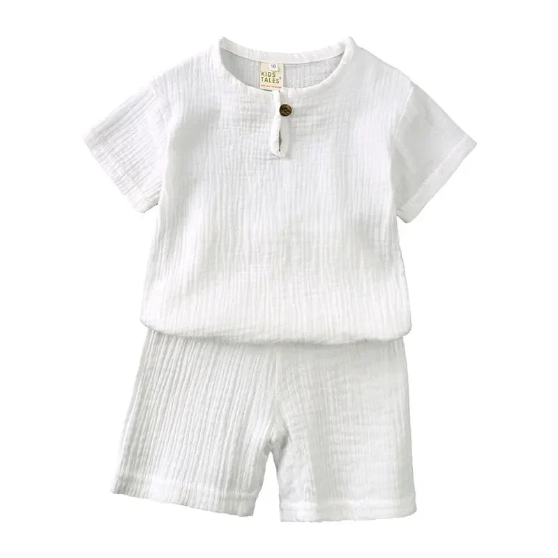 Cotton Linen Kids Summer Outfit – Solid Color Short Sleeve Tops & Shorts for Boys & Girls (Ages 2-7)