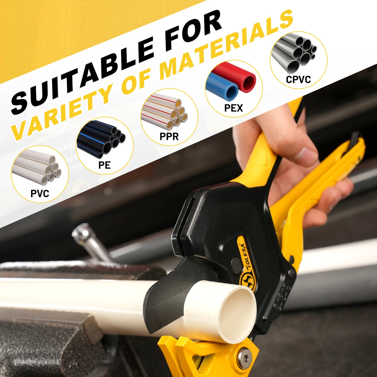 TOLESA 3-Gear Adjustable PVC Pipe Cutter - Ratchet Tool for PVC, PPR, PE & PEX up to 2-1/2"