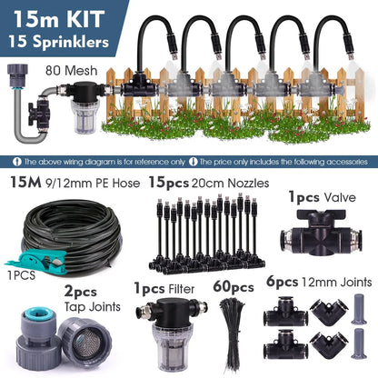 3/8" Misting Cooling System Kit – 360° 0.6mm Nozzle Atomizer with PE Tubing & 80 Mesh Filter for Garden Irrigation Watering