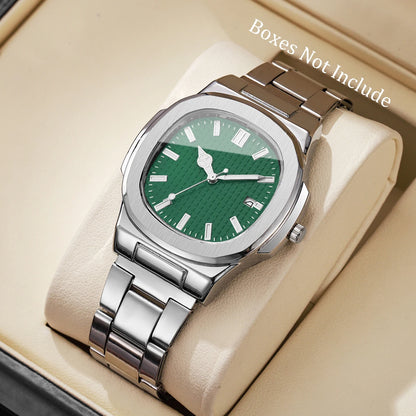 Luxury Men’s Business Watch - Square Dial Stainless Steel Quartz Watch with Calendar