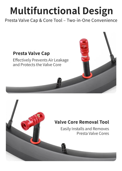 MUQZI 2/4PCS Presta Valve Caps with Core Remover — MTB Tubeless Tire Valve Stem Accessories