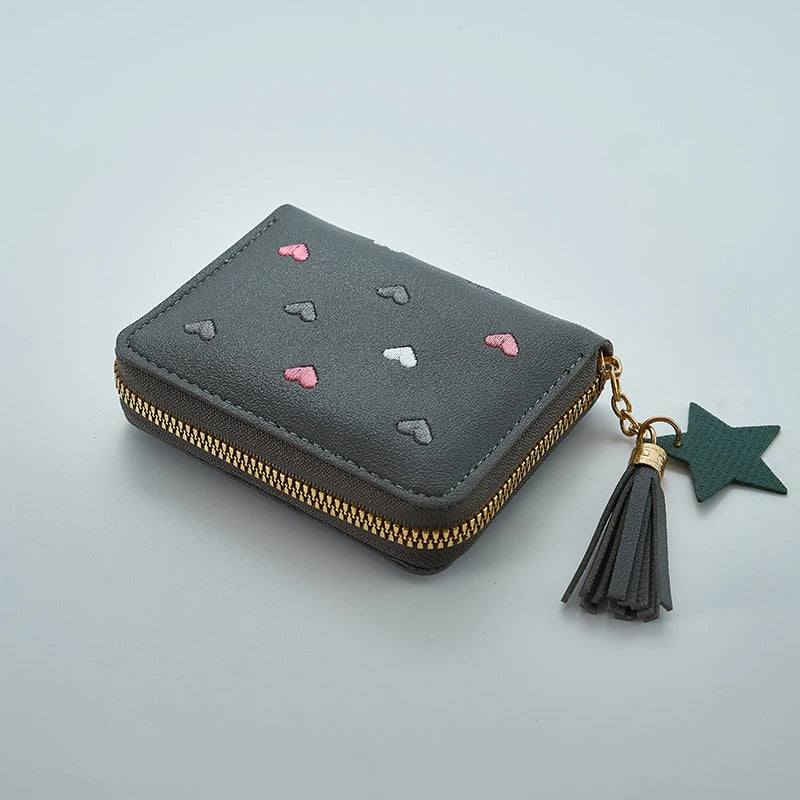 Pu Leather Mini Wallet for Women - Multifunctional Money Clip with Love Embroidery and Certificate Storage