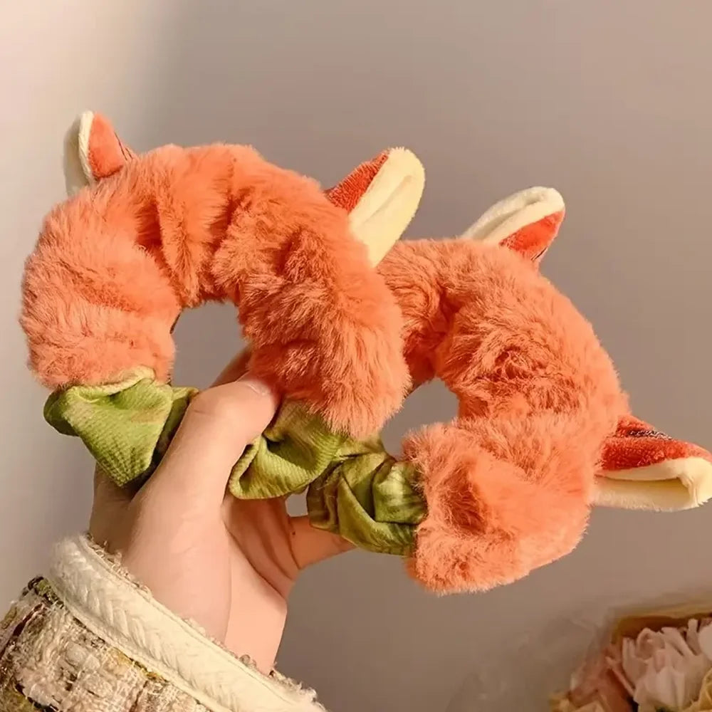 2Pcs Kawaii Fluffy Bunny Fox Scrunchies - Cartoon Animal Ear Hair Ties for Girls and Women