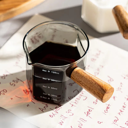 120ml Glass Espresso Measuring Cup with Wooden Handle — Hexagon Coffee Milk Jug & Sauce Pitcher