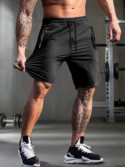 Men’s Solid Color Casual Shorts – Elastic Waist with Drawstring and Zipper Pockets, Loose Fit High Elasticity