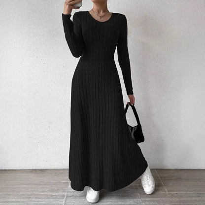 Knitted Long Sleeve A-Line Dress - Women's Slim Fit Solid Color Streetwear Maxi Dress with Elegant Silhouette