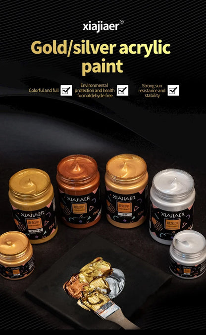 300ML/100ML Gold & Metallic Silver Acrylic Pigment – Pearlescent Bronze for Acrylic Painting, Xiajiaer Art Pigment