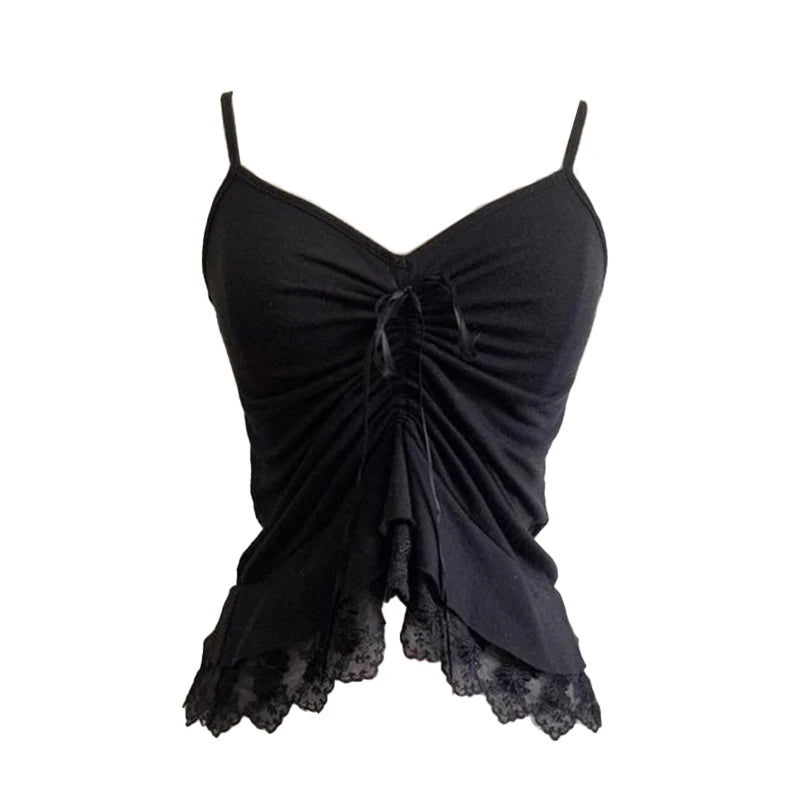 Women’s Grunge Punk Gothic Camisole Top – Y2K V-Neck Bow Lace Slim Fit Crop Cami Streetwear